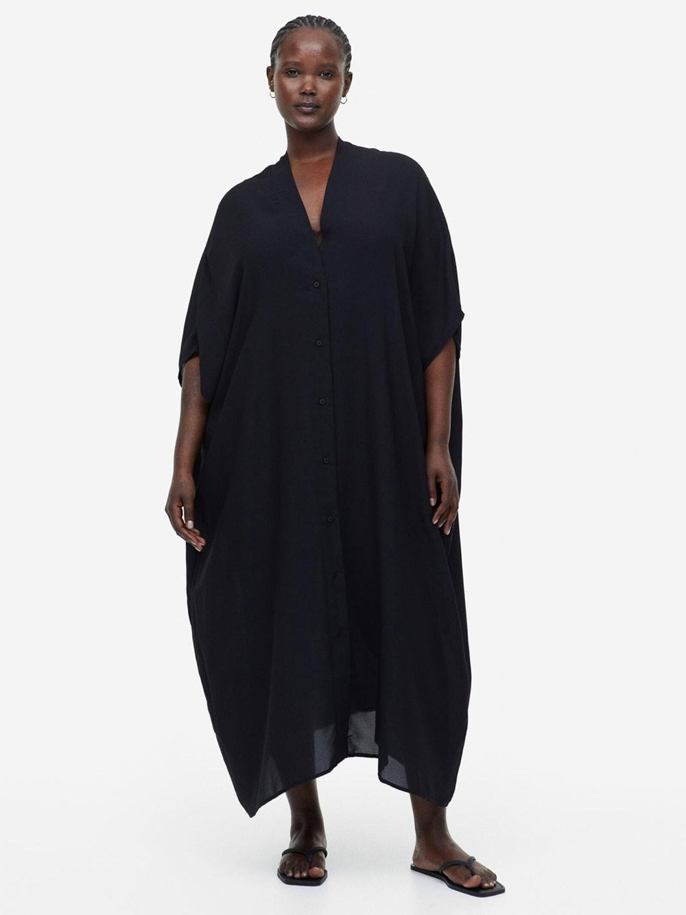 H&M Oversized Black Kaftan Maxi Dress XS/S Minimalist Cocoon Button Front